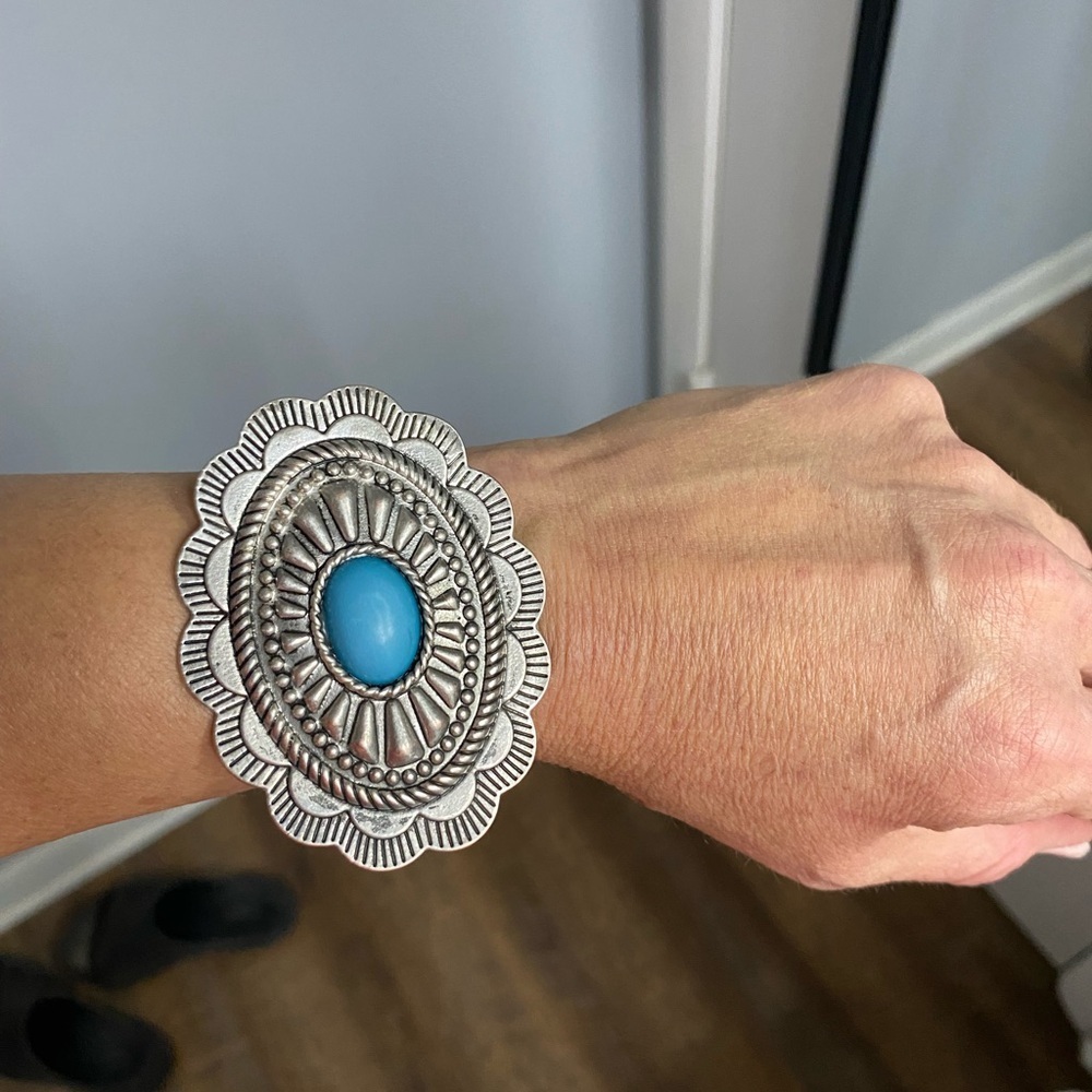 Turquoise Stone Silver-Tone Statement Bracelet - Women Jewelry
